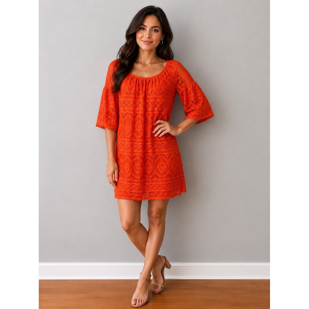 Trina Turk Orange Lace Bell Sleeve Mini Dress TD15R020 Womens Size 2 Made in USA